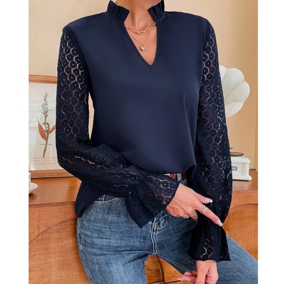 Boho  navy blue lace  blouse - Picture 4 of 6
